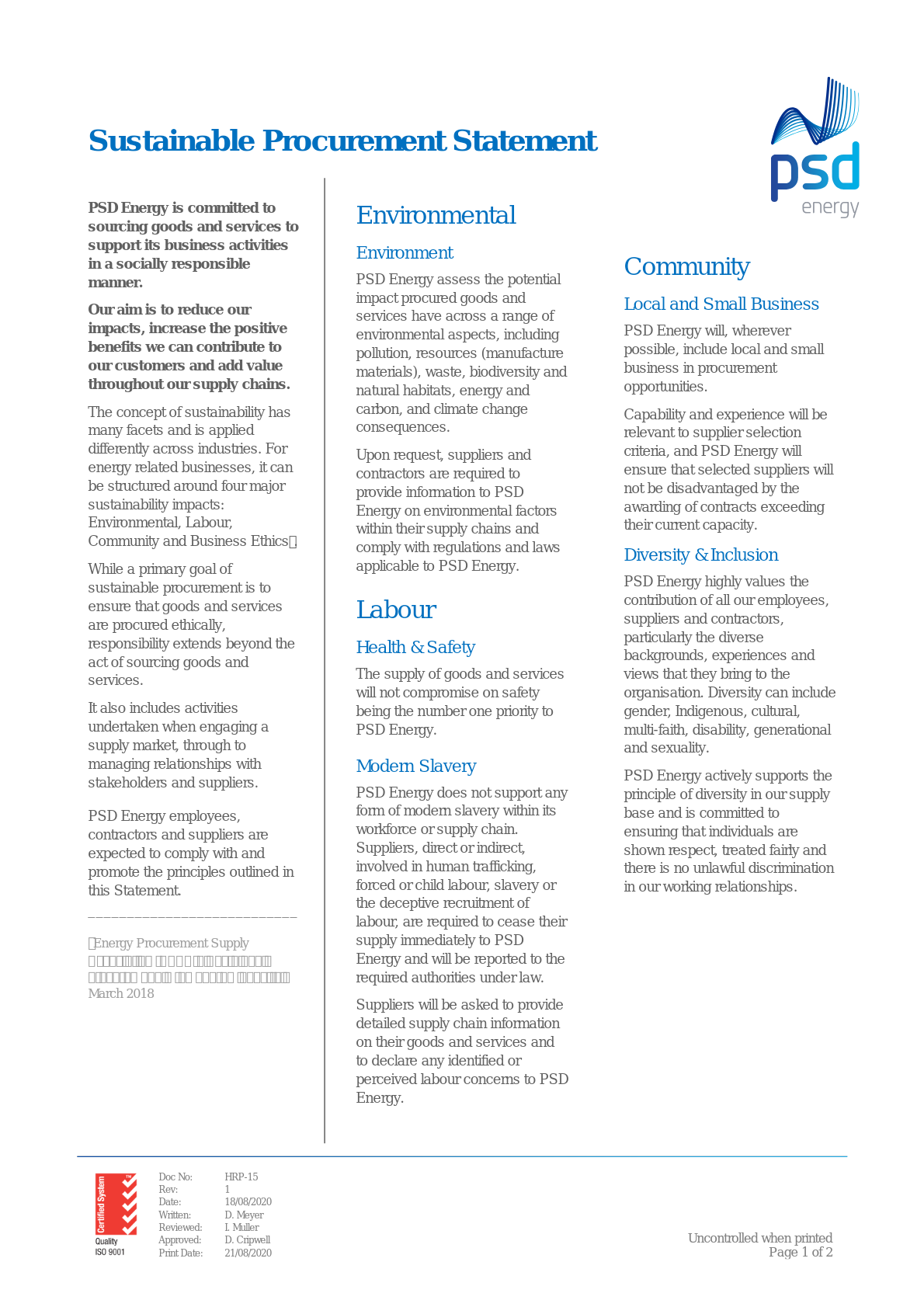 Sustainable Procurement Statement